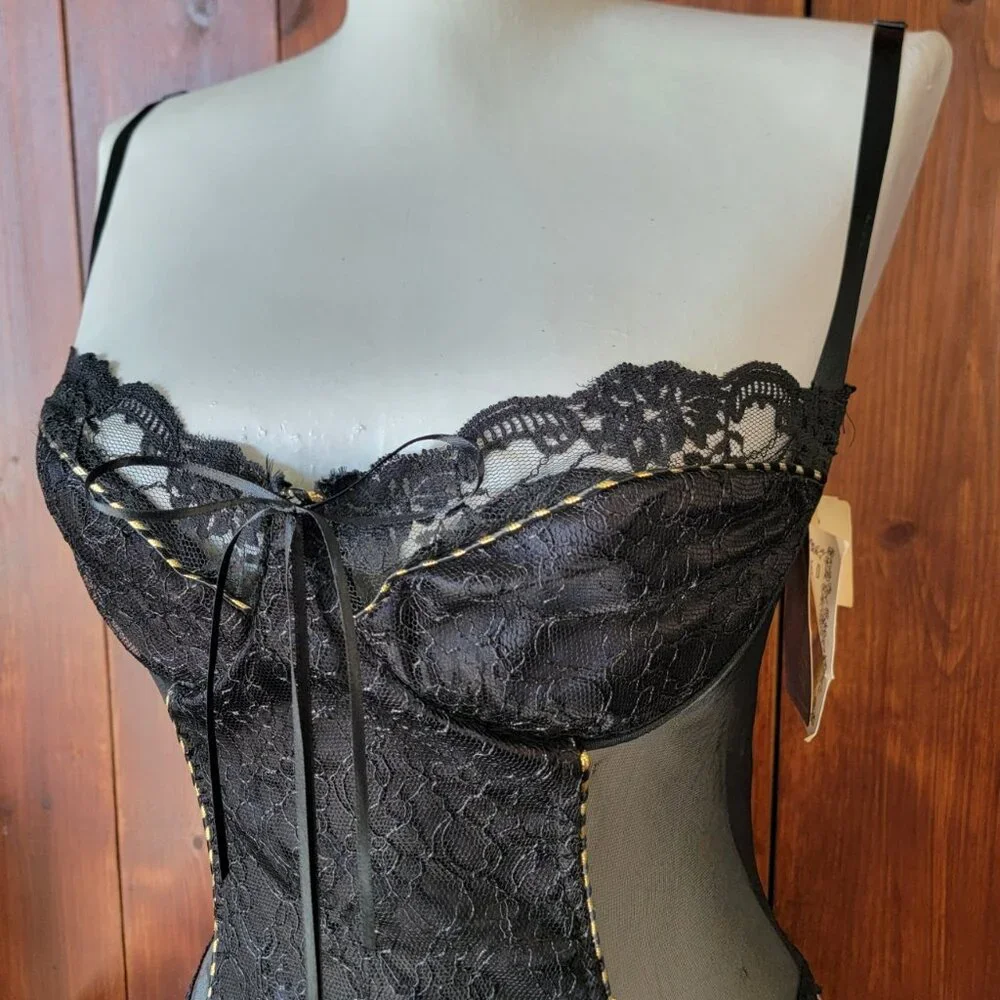Vintage 90s Sachet Teddy Bodysuit NWT Black Lace Underwire Snap Crotch Whistle M